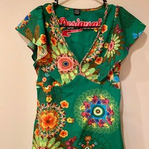 DESIGUAL Green Floral  Flutter Blouse! Top XS